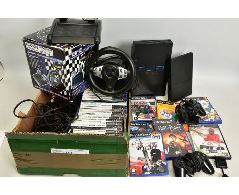 TWO PLAYSTATION 2 CONSOLES, OVER 40 GAMES, AND ACCESSORIES SPREAD ACROSS TWO BOXES; one PlayStation 2 is the standard model, 
