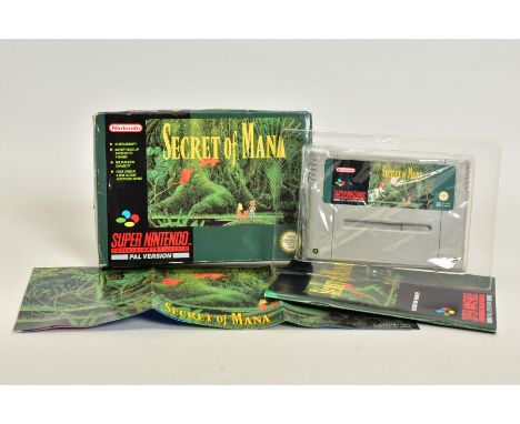 SECRET OF MANA SNES GAME BOXED, critically acclaimed SNES game boxed with its manual; moderate wear is present across the box