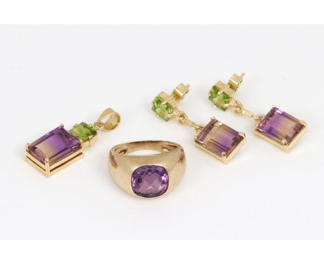 585er Gelbgold mit 3 Amethyst-Quarzen (1x 12,8 x 9,1mm und 2x 10,8 x 8,4mm) und 3 Peridots (zus. 3,41ct., ca. 6x6mm), bestehe