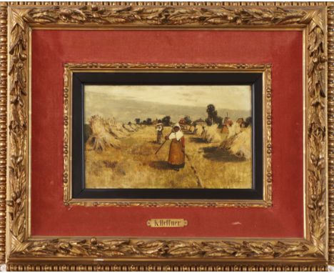 Öl auf Leinwand, ¨Bäuerinnen auf Feld zwischen Heugarben, im Hintergrund ein Dorf¨, unten rechts signiert ¨K. Heffner¨, ca. 1
