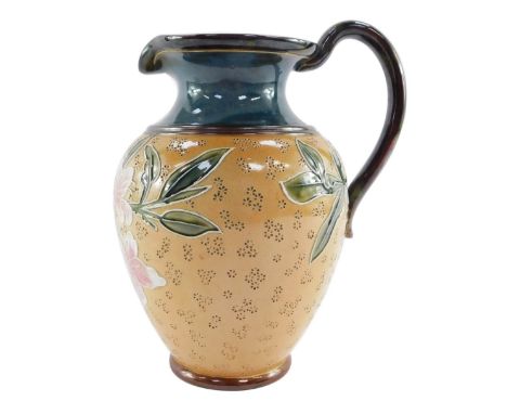 A Royal Doulton late 19thC stoneware jug, Art Union of London, with a blue glazed interior, decorated externally with white a
