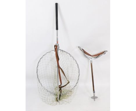 A Gye alloy landing net, 60cm diameter, and an Eldonian folding shooting stick. (2)