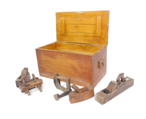A pine tool chest and contents of tools, to include woodworking planes, screwdrivers, last, etc.  (1 box)