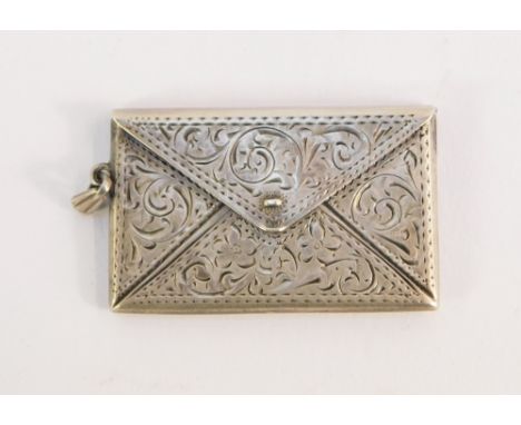 A silver stamp case, of twin division envelope form, with engraved foliate scroll decoration, ring chain attachment, stamped 