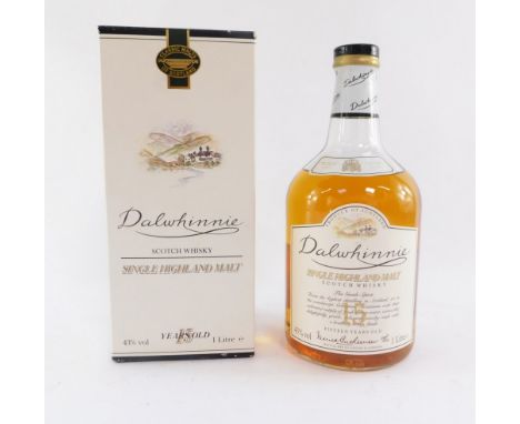 A Dalwhinnie Single Highland Malt Scotch Whisky, Aged To 15 Years, 1lt bottle, in cardboard case, 24cm high.