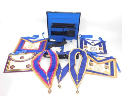 A group of Masonic Regalia, in leather travel case bearing the initials SM, to include the Essex Medallion and sash, other Es
