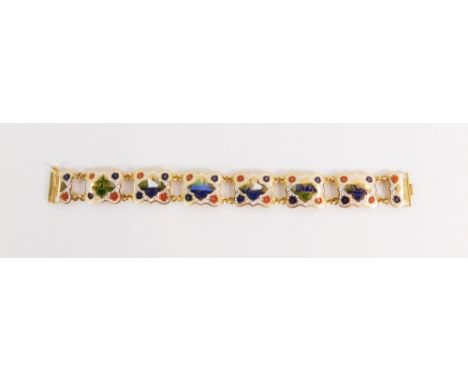 An Eastern enamel bracelet, depicting six enamel panels of ships, buildings and figures, with a white outer border, with blue
