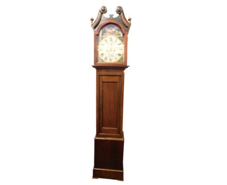 John Hall of Sleaford. A 19thC mahogany loncase clock, with swan pediment top, with painted dial and trunk door, 226cm high, 