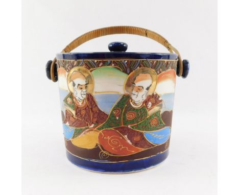 A 1920's Japanese biscuit barrel and cover, with intertwined reeded handle, Export Ware, 13cm high.