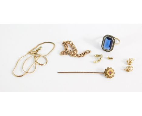 A group of jewellery, to include a 9ct gold and silver marcasite set ring, 9ct gold stick pin, 9ct gold fancy link bracelet, 