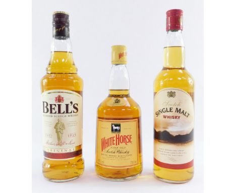 Three bottles of whisky, comprising Scotch Single Malt Whisky, Bell's Blended Scotch Whisky, and White Horse Distilleries Sco