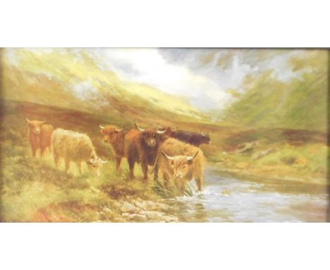 A Victorian style cattle print, depicting cows in the moorland, 24cm x 44cm, in modern polished frame.