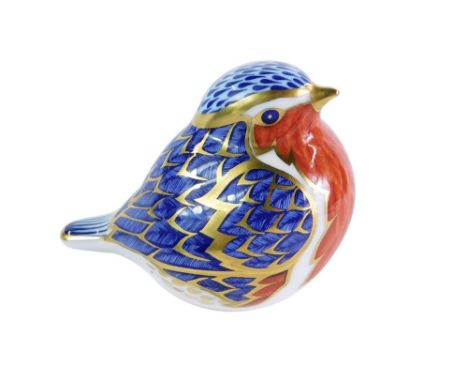 A Royal Crown Derby robin paperweight, gold stopper, 9cm high, boxed.