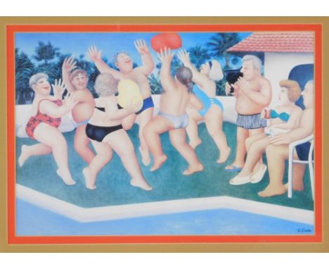 After Beryl Cook. Pool party with balloons, print, 20cm x 29cm, framed and glazed.