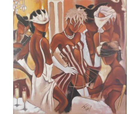 After Farep. Three figures at masquerade ball, print on board, in modern frame, 70cm x 68cm.