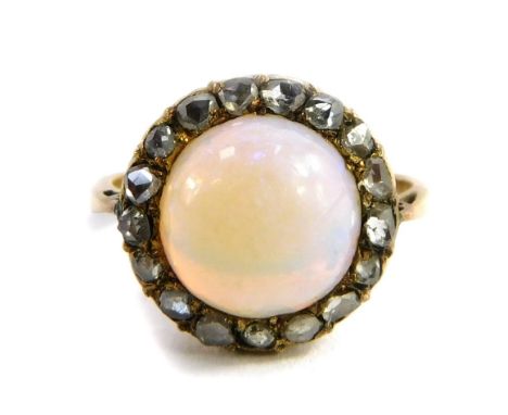 An opal and diamond dress ring, with spherical opal surrounded by old cut diamonds, on basket setting, yellow metal, marked 1