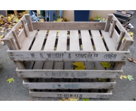 Four wooden vegetable crates, to include W B Wright &amp; Sons, K Martin 7 Co, G R Wright and ST Oswald. 