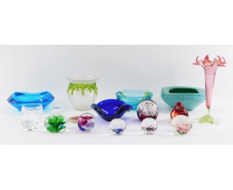 A group of decorative art glass, a Murano glass bowl, a Victorian vaseline glass flared glass vase, modern paperweights, owl 