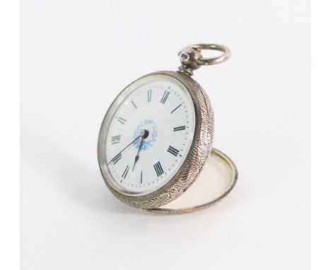 A Continental silver fob watch, with white enamel dial and painted blue flower detailing, black Roman numerals and hands, Bir