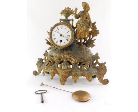 A French late 19thC gilt spelter mantel clock, circular enamel dial bearing Roman numerals, thirty hour movement, the barrel 