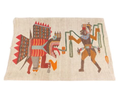 Tribal art. A knitted wall hanging, of a figure fighting beast, folded over timber struts, 114cm high, 173cm wide.