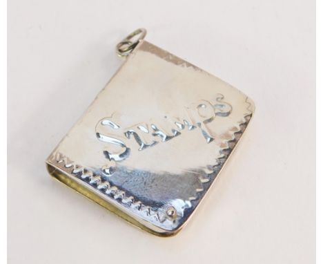 A silver stamp case, of book form, embossed 'Stamps' with floral scroll detailing, ring chain attachment, stamped 925, 3.5cm 