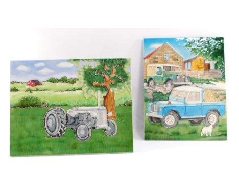 Two modern ceramic plaques, each with farm scene, one with tractor, one with trucks and sheep, 28cm x 36cm, 36cm x 28cm.  (2)