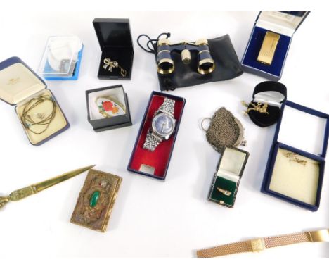 A group of costume jewellery, gold plated necklaces, rolled gold bangle, binoculars, trinket boxes, a gold plated bow brooch,