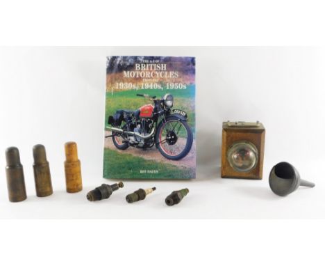 Automobilia. Wood cased spark plug, plugs by Renault-Freres, Billancourt, wooden cased cycle lamp, smith early funnel and fil