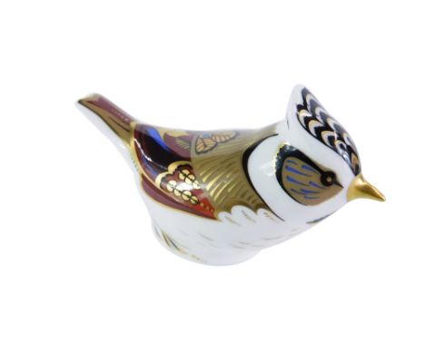 A Royal Crown Derby Collector's Guild Crested Tit paperweight, dated 2001, gold stopper, 6cm high.