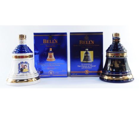 Two Bell's Old Scotch Whisky decanters, one to commemorate the Prince of Wales 50th Birthday 1998, and another to commemorate