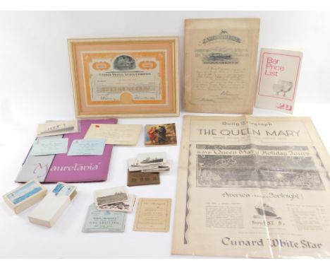 A group of maritime ephemera, to include The Daily Telegraph supplement for the Queen Mary, American Line certificate dated 1