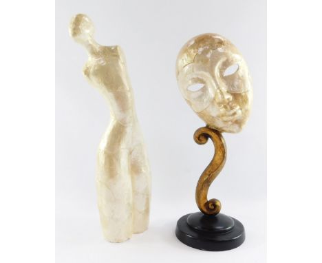 Two modern art sculptures, comprising a Capiz design mother of pearl type finish figure, 39cm high, and a similar mask in whi