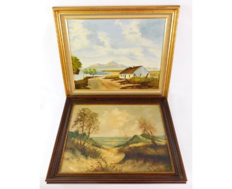 Two paintings, comprising Joe Rice (20thC school). Coastal scene, with thatched cottage, oil on panel, signed, 39cm x 49cm, i