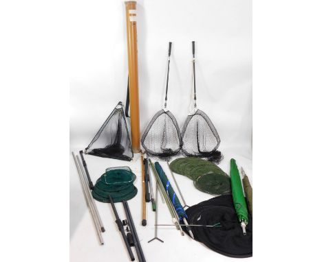 Two folding trout landing nets, and three keep nets, (two are illegal, display purposes only), together with fishing accessor