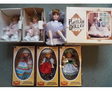 A collection of dressed dolls, Linda Europa, Holland, Germany and Ireland mint in original window boxes, a Porcelain Doll Kit