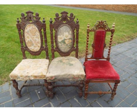 Three Victorian carved oak chairs of which two with tapestry upholstery - restroration project