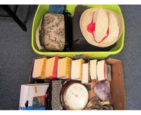 A good mixed lot to include a collection of Harry Potter books, a barometer, three lady's hats and a quantity of lady's bags 