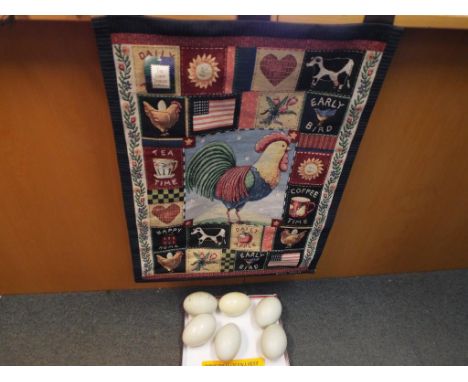 Haberdashery - a quantity of ready blown rhea eggs, a wall hanging woven tapestry by Woodworkers and Weavers from the Coco Do