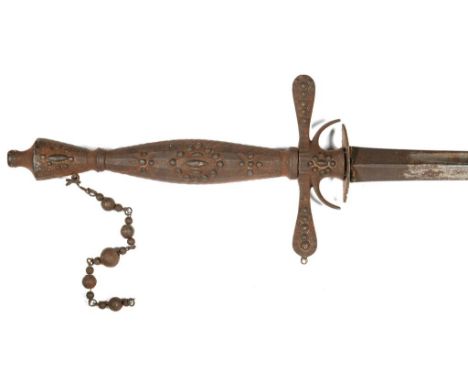 A CUT STEEL HILTED SMALL SWORD AND SCABBARD, WITH TRIPLED FULLERED TRIANGULAR BLADE, CIRCA EARLY - MID 19TH C, BLADE 82.5CM 