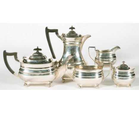 A GEORGE VI SILVER FIVE PIECE TEA SERVICE, OF OBLONG FORM, THE SERVICE INCLUDING A TEA CADDY, LIDDED JUG 23CM H, SHEFFIELD 19