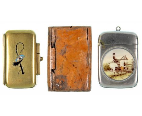 A VICTORIAN NICKEL PLATED BRASS VESTA CASE, INSET WITH A SEPIA PHOTOGRAPHIC PORTRAIT OF A HUNTSWOMAN, A BRASS AND ENAMEL VEST