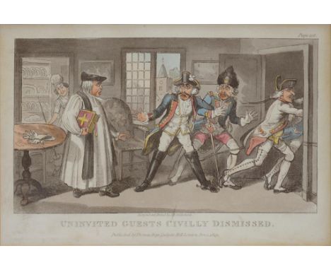 TWO EARLY 19TH C HUMOROUS AQUATINTS AFTER J. R. CRUIKSHANK - UNINVITED GUESTS CIVILLY DISMISSED AND THE PLEASURES OF ANGLING,