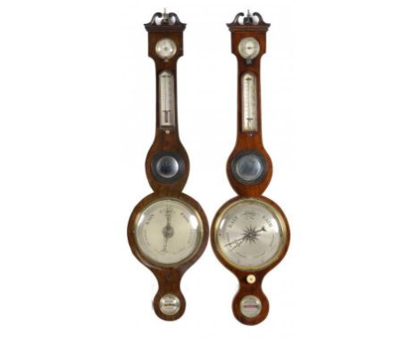 A VICTORIAN MAHOGANY AND LINE INLAID BAROMETER AND A SIMILAR VICTORIAN ROSEWOOD BAROMETER, MID 19TH C, with alcohol or mercur