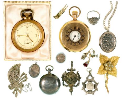 A BOXED INGERSOL GOLD PLATED KEYLESS LEVER WATCH, A GOLD PLATED HALF HUNTING CASED KEYLESS LEVER WATCH, A SILVER LOCKET, SILV