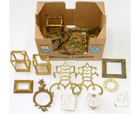 A QUANTITY OF MAINLY 19TH C BRASS OR GILT BRASS CLOCK CASE PARTS FOR CARRIAGE CLOCKS, BRACKET AND SKELETON CLOCKS 