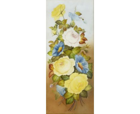 A PAIR OF VICTORIAN GLASS PICTURES OF FLOWERS, PAINTED BY WILLIAM RAYWORTH OF DERBY (C1852-1908) on opal glass, the lower par