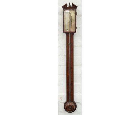 AN EARLY 19TH C MAHOGANY AND LINE INLAID EXPOSED TUBE STICK BAROMETER, THE SILVERED SCALE ENGRAVED HANCOCK NOTTINGHAM, WITH V