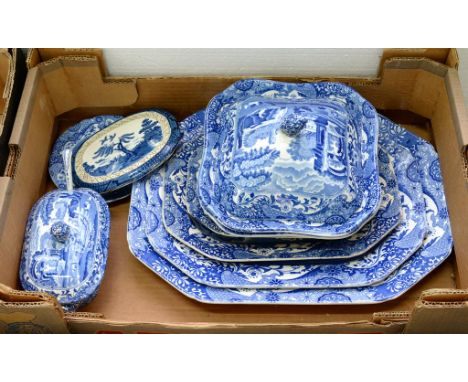 A QUANTITY OF COPELAND BLUE PRINTED EARTHENWARE, SPODES ITALIAN PATTERN DISHES AND A SAUCE TUREEN, COVER AND LADLE, AND A BOO