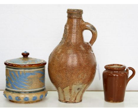 A GERMAN SALTGLAZED BROWN STONEWARE BELLARMINE OR BARTMANN BOTTLE, 24CM H, 17TH / EARLY 18TH C, A DOULTON WARE TOBACCO JAR AN